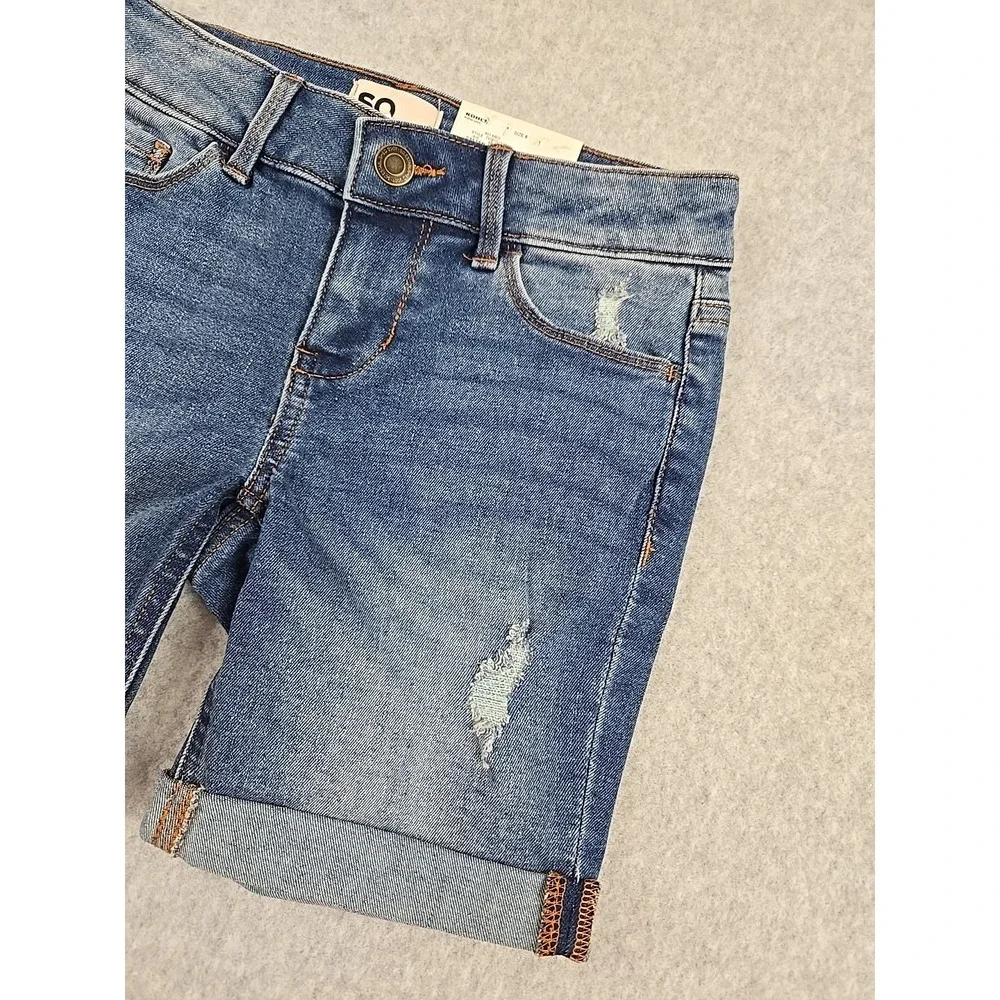 SO Jean Shorts Girls Size 8 Mid Rise Denim Bermuda Short Distressed Jeans NWT‎